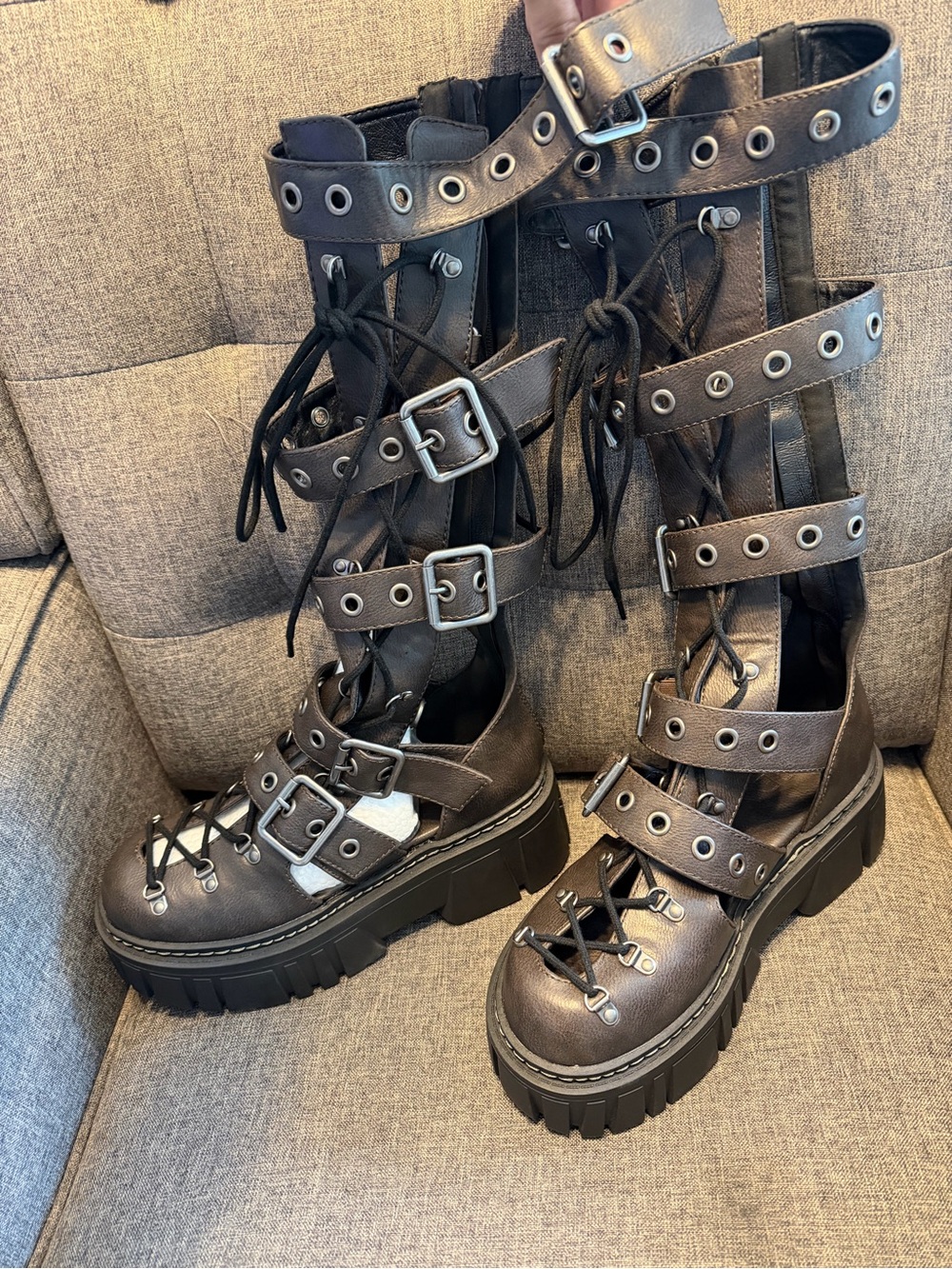 Women's Club Exx Brown leather strappy platform boots